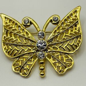 Vintage Gold Tone Filigree Butterfly Brooch with Rhinestone Accents